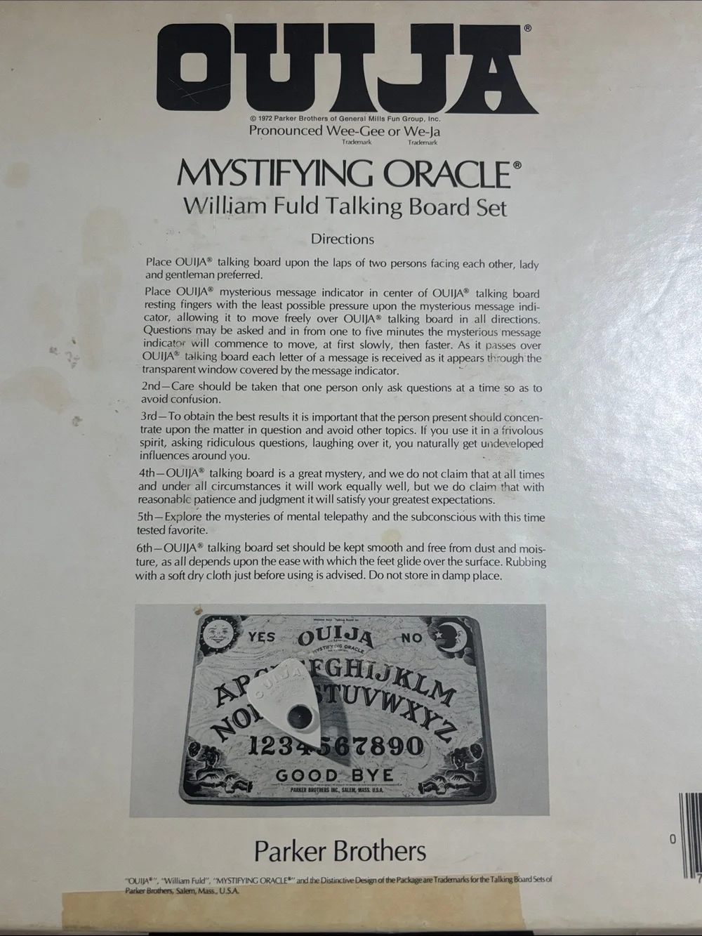 Vintage 1972 Ouija Mystifying Oracle Board Game Parker Brothers William Fold Set